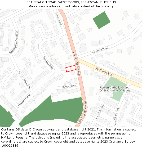 101, STATION ROAD, WEST MOORS, FERNDOWN, BH22 0HS: Location map and indicative extent of plot