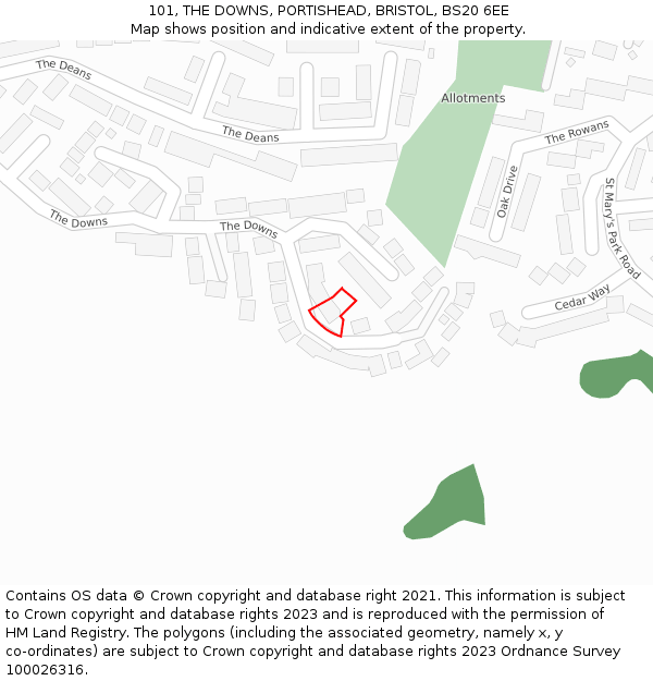 101, THE DOWNS, PORTISHEAD, BRISTOL, BS20 6EE: Location map and indicative extent of plot