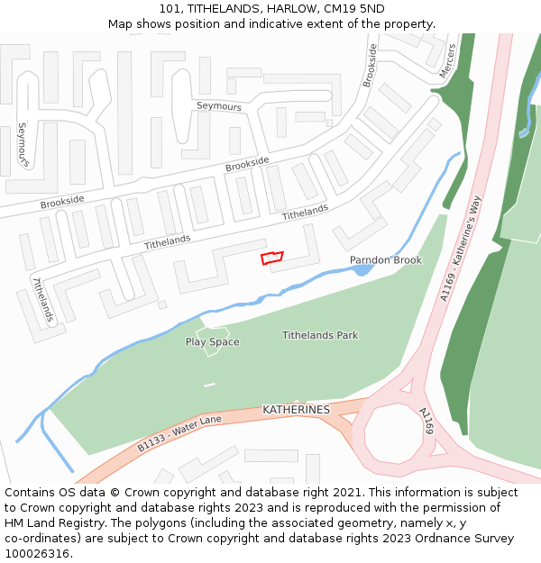 101, TITHELANDS, HARLOW, CM19 5ND: Location map and indicative extent of plot