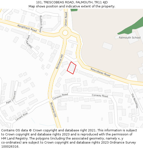 101, TRESCOBEAS ROAD, FALMOUTH, TR11 4JD: Location map and indicative extent of plot