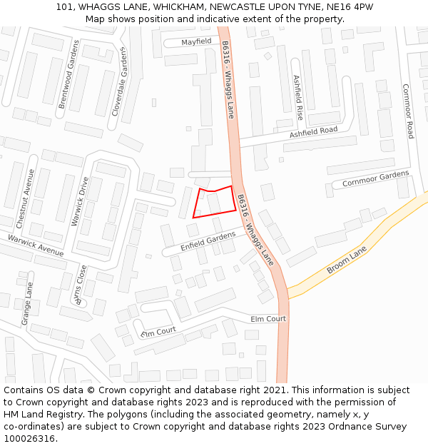 101, WHAGGS LANE, WHICKHAM, NEWCASTLE UPON TYNE, NE16 4PW: Location map and indicative extent of plot