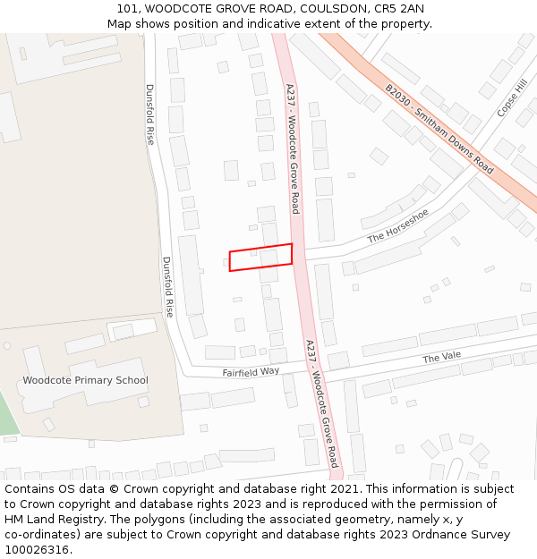 101, WOODCOTE GROVE ROAD, COULSDON, CR5 2AN: Location map and indicative extent of plot