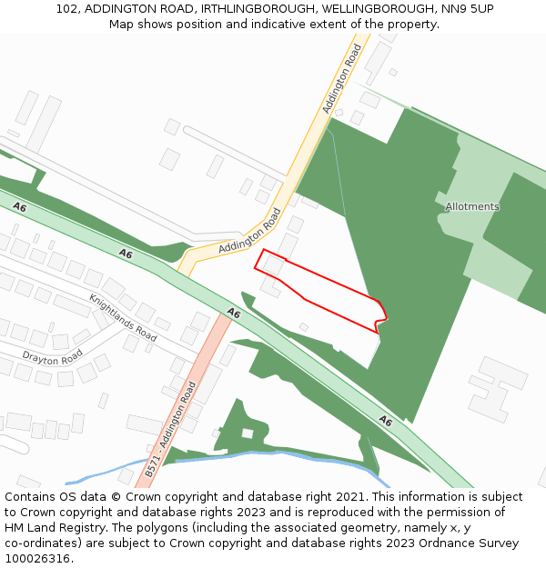 102, ADDINGTON ROAD, IRTHLINGBOROUGH, WELLINGBOROUGH, NN9 5UP: Location map and indicative extent of plot