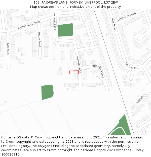 102, ANDREWS LANE, FORMBY, LIVERPOOL, L37 2EW: Location map and indicative extent of plot