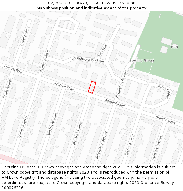 102, ARUNDEL ROAD, PEACEHAVEN, BN10 8RG: Location map and indicative extent of plot