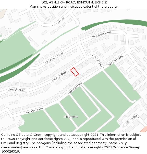 102, ASHLEIGH ROAD, EXMOUTH, EX8 2JZ: Location map and indicative extent of plot