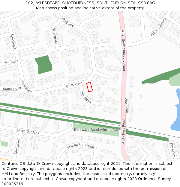 102, AYLESBEARE, SHOEBURYNESS, SOUTHEND-ON-SEA, SS3 8AG: Location map and indicative extent of plot