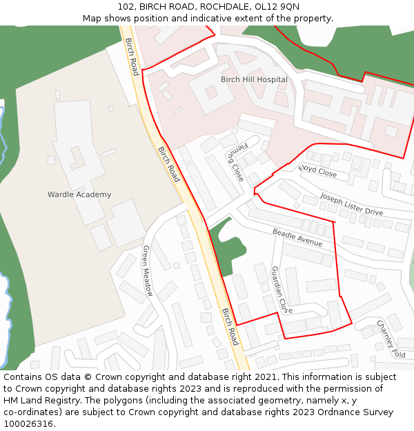 102, BIRCH ROAD, ROCHDALE, OL12 9QN: Location map and indicative extent of plot