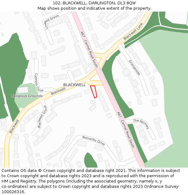 102, BLACKWELL, DARLINGTON, DL3 8QW: Location map and indicative extent of plot