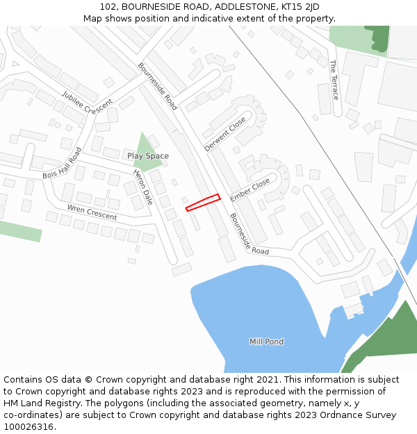 102, BOURNESIDE ROAD, ADDLESTONE, KT15 2JD: Location map and indicative extent of plot