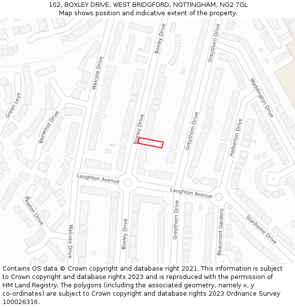 102, BOXLEY DRIVE, WEST BRIDGFORD, NOTTINGHAM, NG2 7GL: Location map and indicative extent of plot