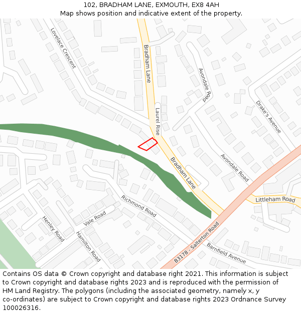 102, BRADHAM LANE, EXMOUTH, EX8 4AH: Location map and indicative extent of plot