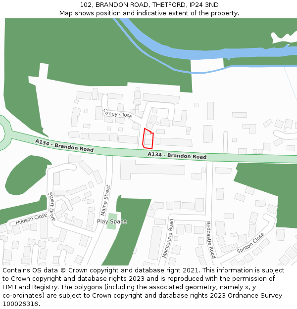 102, BRANDON ROAD, THETFORD, IP24 3ND: Location map and indicative extent of plot