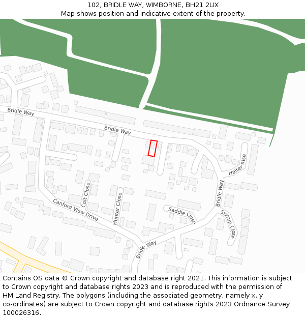 102, BRIDLE WAY, WIMBORNE, BH21 2UX: Location map and indicative extent of plot