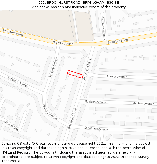 102, BROCKHURST ROAD, BIRMINGHAM, B36 8JE: Location map and indicative extent of plot