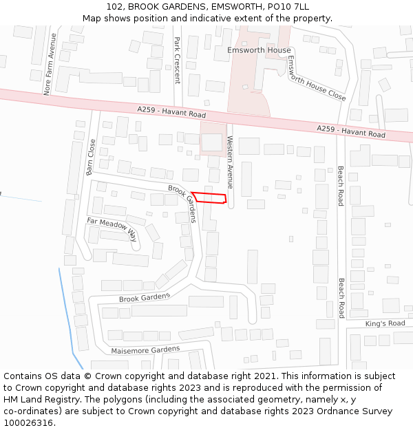 102, BROOK GARDENS, EMSWORTH, PO10 7LL: Location map and indicative extent of plot