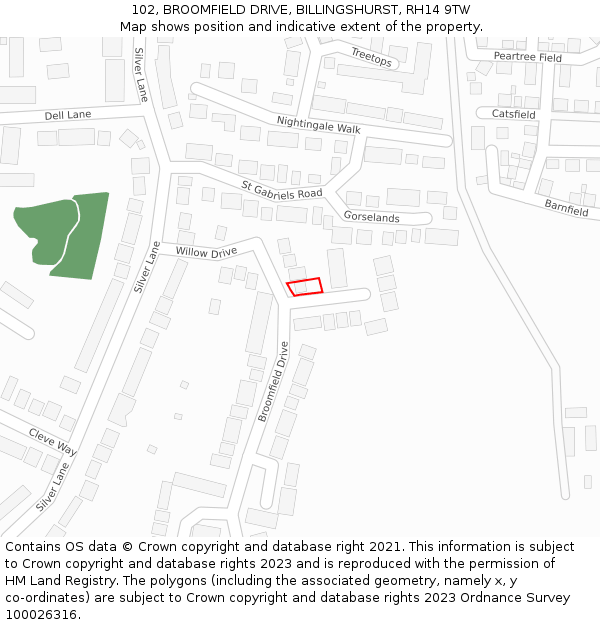 102, BROOMFIELD DRIVE, BILLINGSHURST, RH14 9TW: Location map and indicative extent of plot