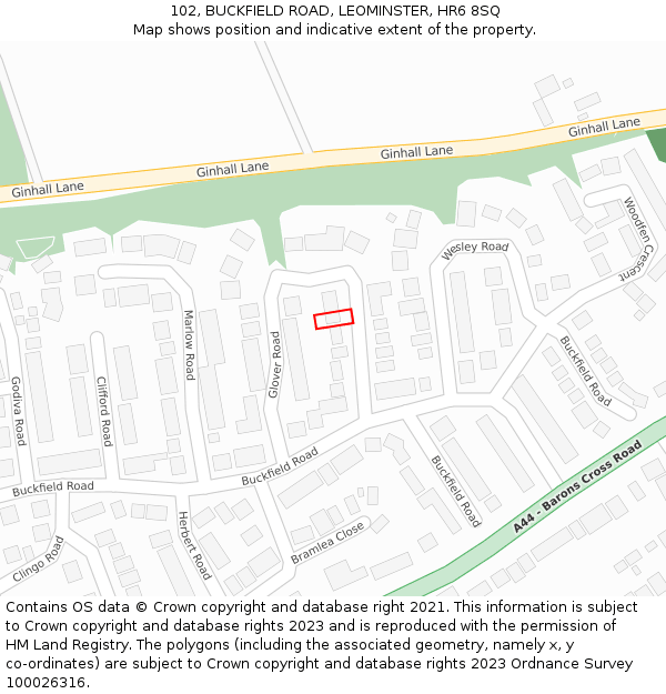 102, BUCKFIELD ROAD, LEOMINSTER, HR6 8SQ: Location map and indicative extent of plot