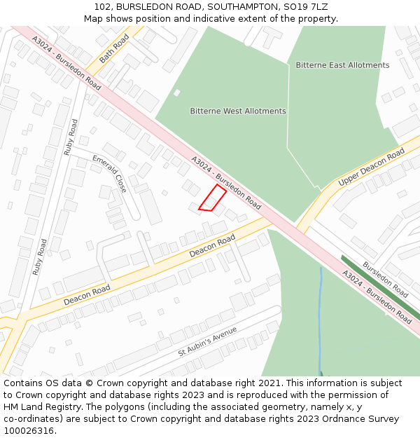 102, BURSLEDON ROAD, SOUTHAMPTON, SO19 7LZ: Location map and indicative extent of plot