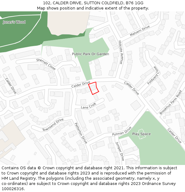102, CALDER DRIVE, SUTTON COLDFIELD, B76 1GG: Location map and indicative extent of plot