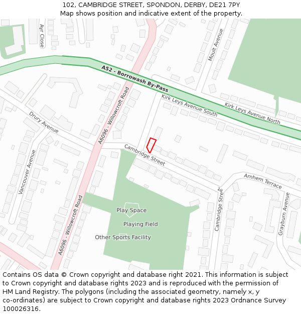 102, CAMBRIDGE STREET, SPONDON, DERBY, DE21 7PY: Location map and indicative extent of plot