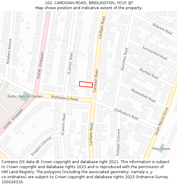 102, CARDIGAN ROAD, BRIDLINGTON, YO15 3JT: Location map and indicative extent of plot