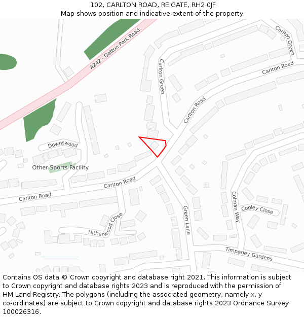 102, CARLTON ROAD, REIGATE, RH2 0JF: Location map and indicative extent of plot