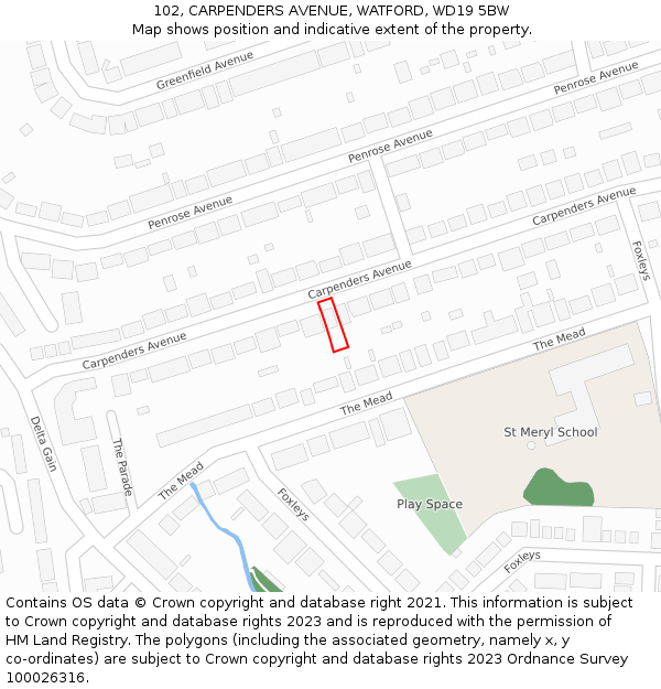 102, CARPENDERS AVENUE, WATFORD, WD19 5BW: Location map and indicative extent of plot