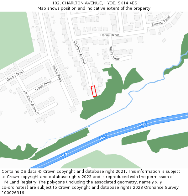 102, CHARLTON AVENUE, HYDE, SK14 4ES: Location map and indicative extent of plot