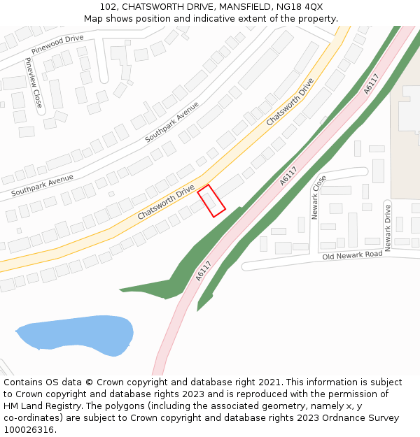 102, CHATSWORTH DRIVE, MANSFIELD, NG18 4QX: Location map and indicative extent of plot