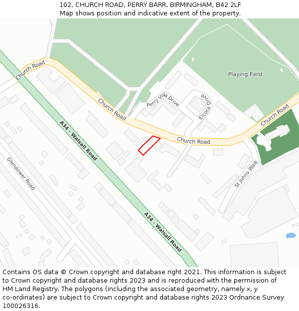 102, CHURCH ROAD, PERRY BARR, BIRMINGHAM, B42 2LF: Location map and indicative extent of plot