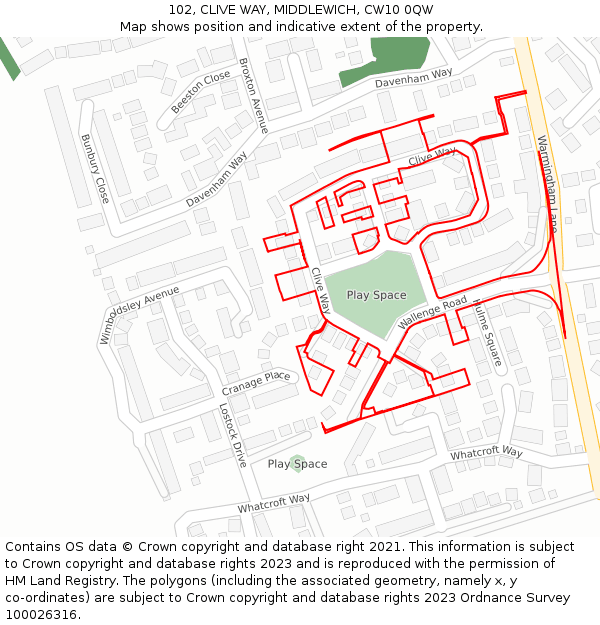 102, CLIVE WAY, MIDDLEWICH, CW10 0QW: Location map and indicative extent of plot