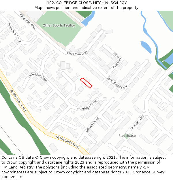 102, COLERIDGE CLOSE, HITCHIN, SG4 0QY: Location map and indicative extent of plot