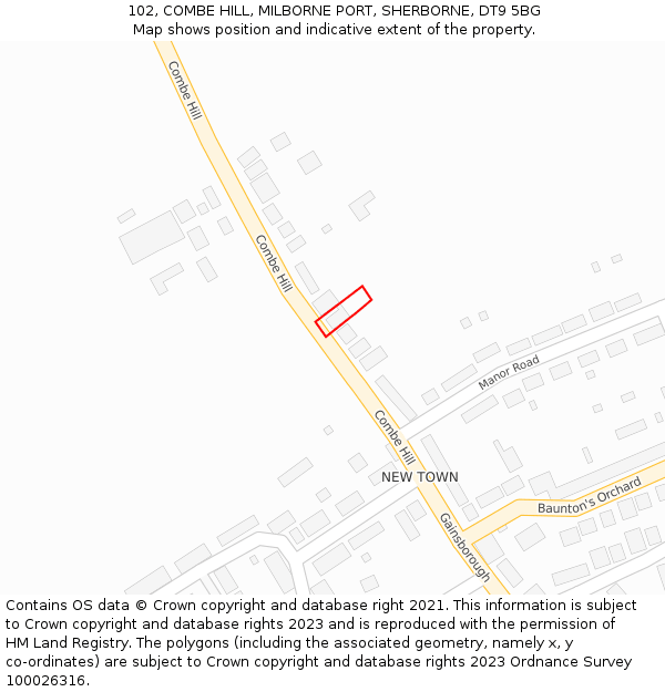 102, COMBE HILL, MILBORNE PORT, SHERBORNE, DT9 5BG: Location map and indicative extent of plot