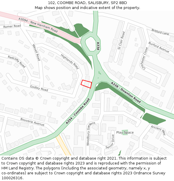102, COOMBE ROAD, SALISBURY, SP2 8BD: Location map and indicative extent of plot