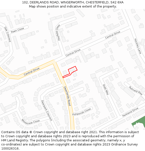 102, DEERLANDS ROAD, WINGERWORTH, CHESTERFIELD, S42 6XA: Location map and indicative extent of plot