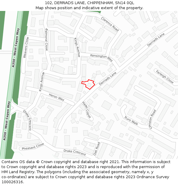 102, DERRIADS LANE, CHIPPENHAM, SN14 0QL: Location map and indicative extent of plot