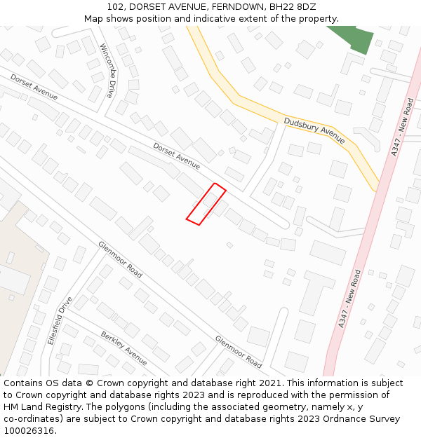 102, DORSET AVENUE, FERNDOWN, BH22 8DZ: Location map and indicative extent of plot