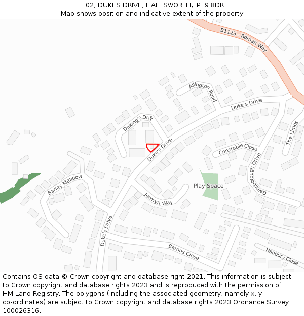 102, DUKES DRIVE, HALESWORTH, IP19 8DR: Location map and indicative extent of plot