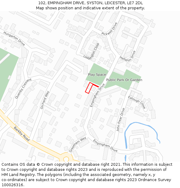 102, EMPINGHAM DRIVE, SYSTON, LEICESTER, LE7 2DL: Location map and indicative extent of plot
