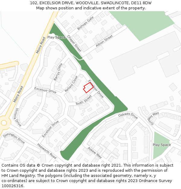 102, EXCELSIOR DRIVE, WOODVILLE, SWADLINCOTE, DE11 8DW: Location map and indicative extent of plot