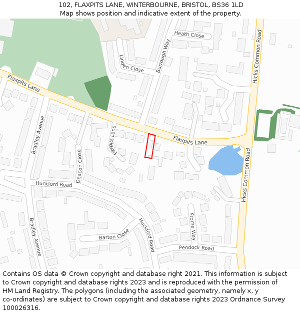 102, FLAXPITS LANE, WINTERBOURNE, BRISTOL, BS36 1LD: Location map and indicative extent of plot