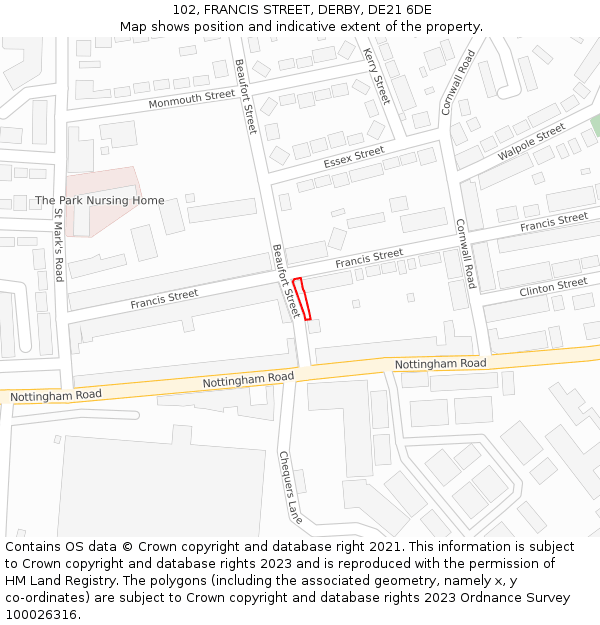 102, FRANCIS STREET, DERBY, DE21 6DE: Location map and indicative extent of plot