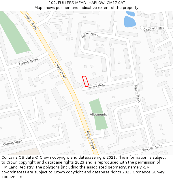 102, FULLERS MEAD, HARLOW, CM17 9AT: Location map and indicative extent of plot