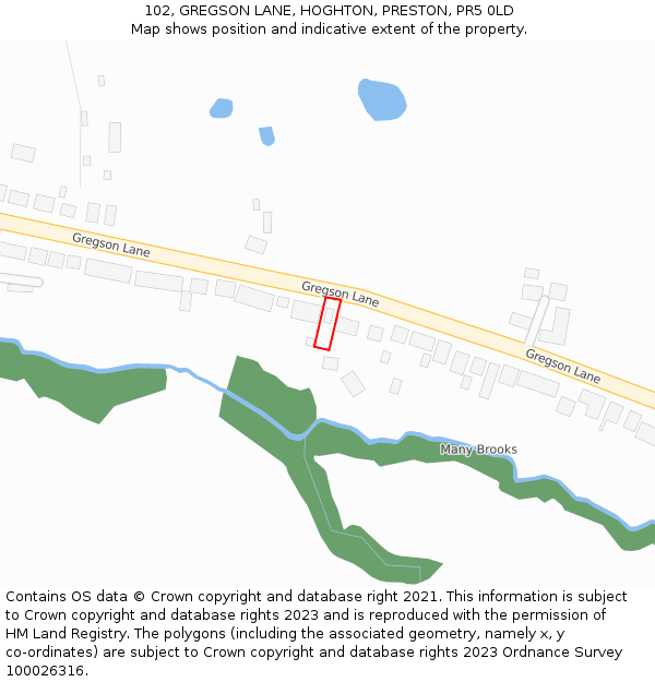 102, GREGSON LANE, HOGHTON, PRESTON, PR5 0LD: Location map and indicative extent of plot