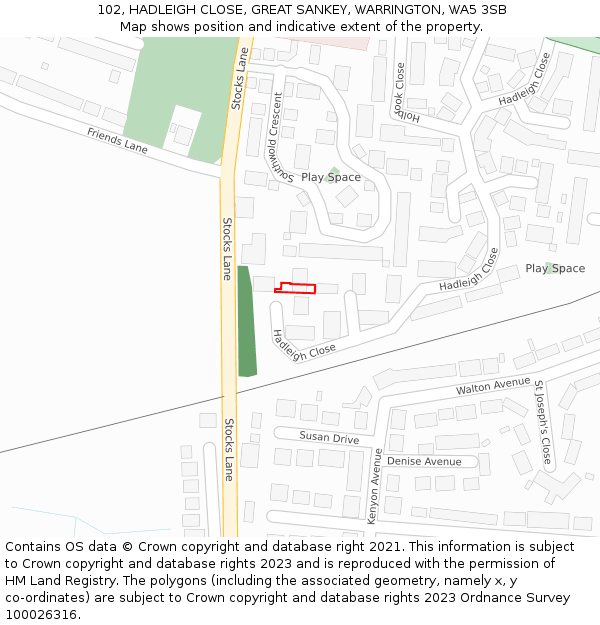 102, HADLEIGH CLOSE, GREAT SANKEY, WARRINGTON, WA5 3SB: Location map and indicative extent of plot