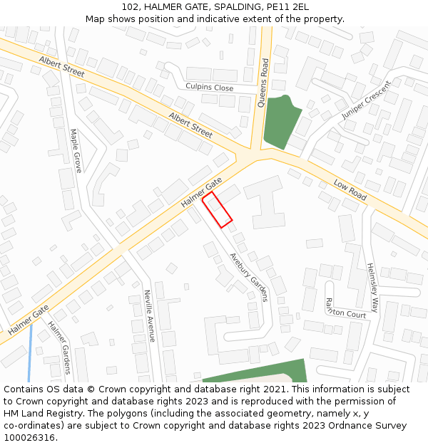 102, HALMER GATE, SPALDING, PE11 2EL: Location map and indicative extent of plot