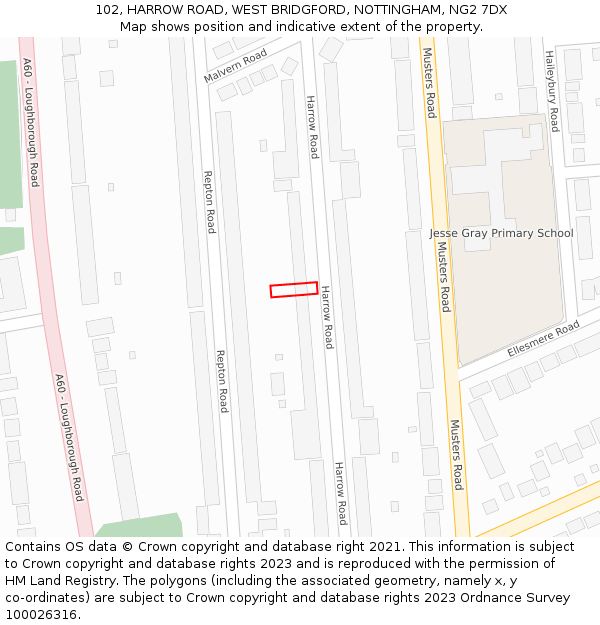 102, HARROW ROAD, WEST BRIDGFORD, NOTTINGHAM, NG2 7DX: Location map and indicative extent of plot