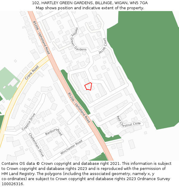 102, HARTLEY GREEN GARDENS, BILLINGE, WIGAN, WN5 7GA: Location map and indicative extent of plot