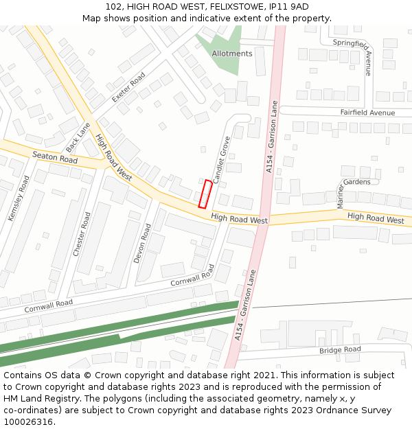 102, HIGH ROAD WEST, FELIXSTOWE, IP11 9AD: Location map and indicative extent of plot